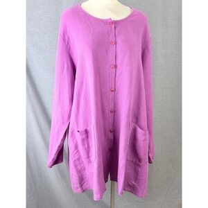 FLAX Linen Long Cardigan Orchid Purple Pink Button Front Pockets Size L